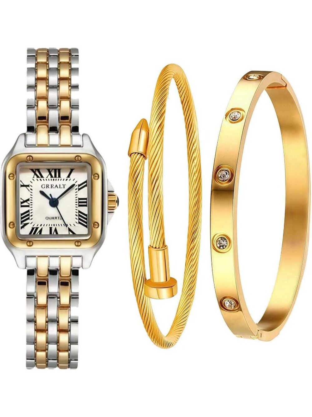 Women's Multicolor 2 Bracelets Set Roman Dial Bangle Stainless Steel Wrist Watch